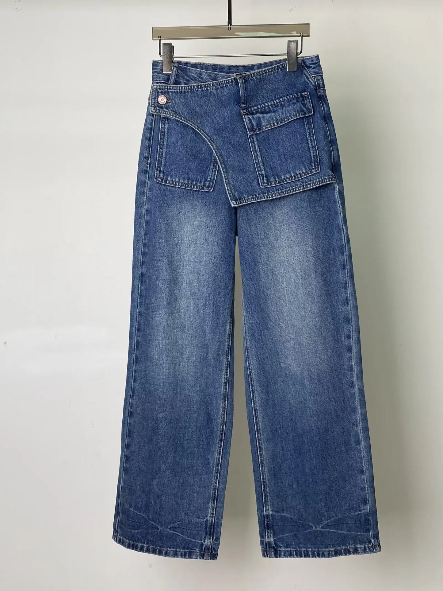 Plus Size American Style Women's Jeans Vintage Washed High Waist Irregular Loose Wide Leg Trousers All-match Ladies Denim Pants