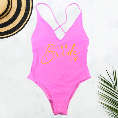 Pink Gold Print One Piece Swimsuit Team Bride Love Sexy Bathing Suit Padded Swimwear Women Bikini Bachelor Party Swim Beachwear