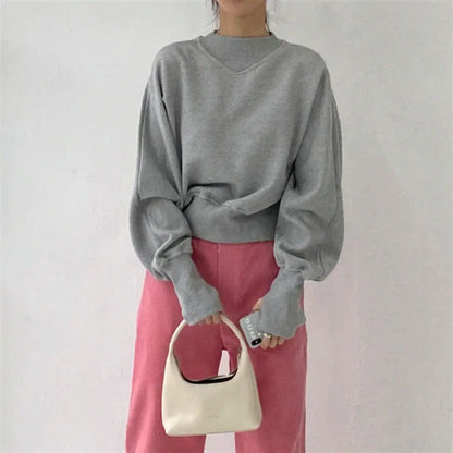Fashion Waist Cinched Cropped Sweatshirts Women Autumn Harajuku Casual Oversized Pullover Lady Gray Long Sleeve Crewneck Hoodies