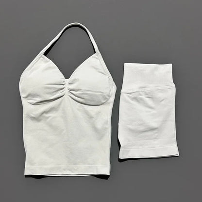 2Pcs HISTELLO Yoga Set Women Halter Tank Top Scrunch Butt Lifting Shorts Ruched Anti Chafe Quick Dry Gym Workout Sports Set