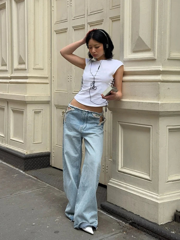 Women Low Waist Jeans Star Rhinestone Pants Cut Out Wide Leg Trousers Light Wash Distressed Denim Pants Street Woman Clothes