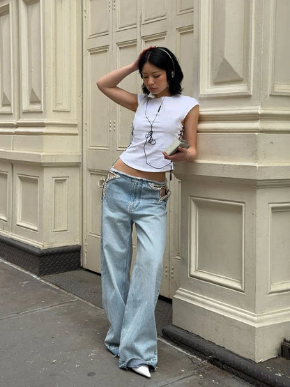Women Low Waist Jeans Star Rhinestone Pants Cut Out Wide Leg Trousers Light Wash Distressed Denim Pants Street Woman Clothes
