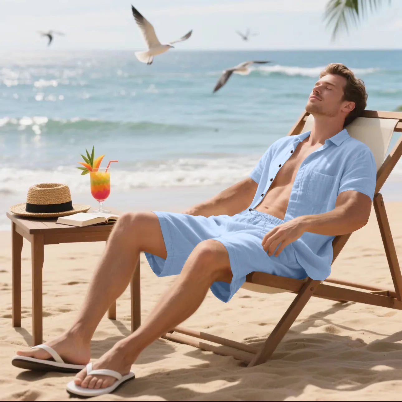 Summer Men's Solid-Color Linen Beach Suit, Lapel Button Short-Sleeved Shirt Paired With Drawstring Shorts, Casual 2-Piece Set