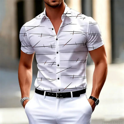 18 Colors 2026 New Men's Fashion Geometric Line Print Short-sleeved Shirt Urban Casual Style Slim Lapel Shirt Comfortable Fabric