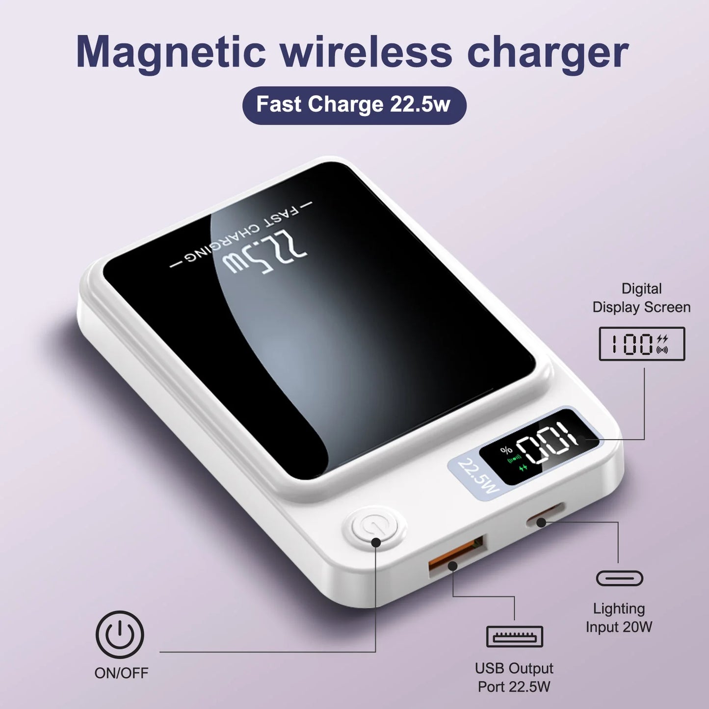 2-in-1 Wireless Magnetic Power Bank Fast Charging Portable PD 22.5W 10000mAh LED Power Display for iPhone 17/16/15/14 Samsung