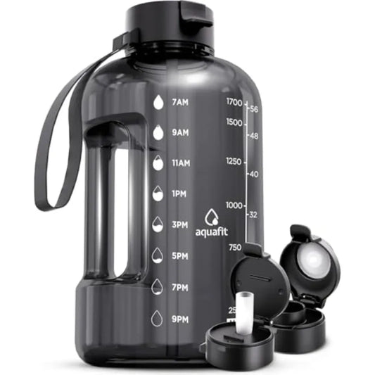 64 oz Water Bottle with Time Marker - Straw and Chug Lid - BPA Free Half Gallon Gym Water Bottle with Handle - Big Gallon Jug G