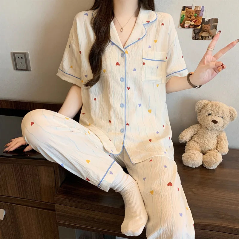French-Style Sweet Bow Pajamas for Women: Summer Short-Sleeve Long-Pants Set with Cloud-Print, Soft and Cozy Cotton Loungewear
