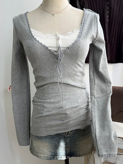 Beige Lace Trim Long Sleeve Tees Women Autumn New Streetwear Cotton Slim Sexy V-neck Lace-up Tops Sweet Simple Chic T-shirts Y2K