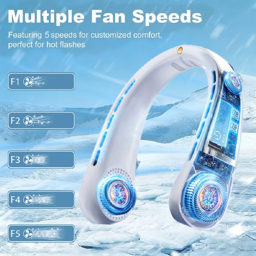 Portable Neck Fan, Hands Free Bladeless Fan, 5 Speeds, 3000 mAh Battery Operated Wearable Personal Fan, Twistable, Rechargeable