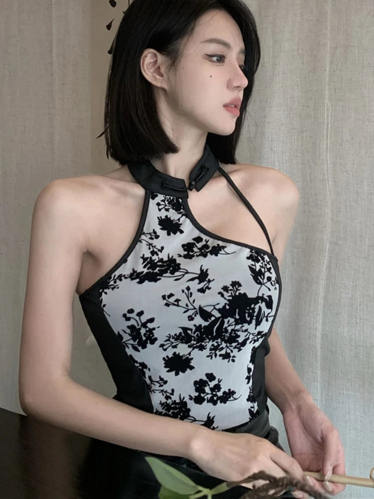 New Chinese Style Irregular Camis Women Autumn Elegant Temper Ink Print Sexy Halter Backless Fashion Party Romantic Crop Tops