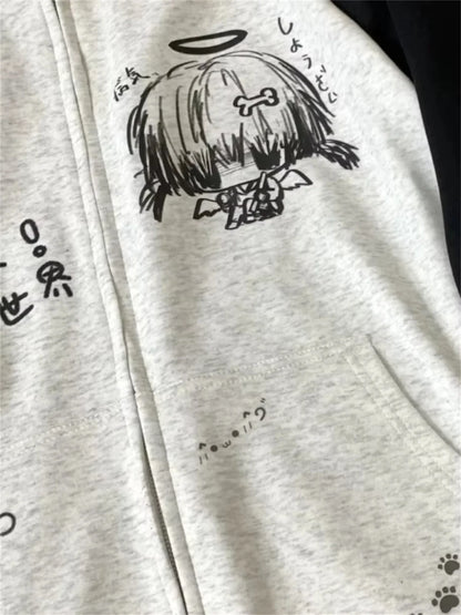 Japanese Contrast Color Hooded Tops Women Y2k Aesthetic Cartoon Print Grunge Hoodie Casual Zip Up Sweatshirt Harajuku Streetwear