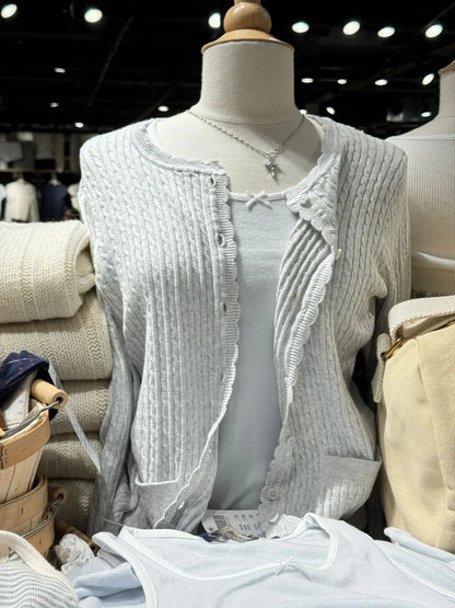 Pockets Twist Flower Knitted Sweater Cardigan O-Neck Single Breasted Long Sleeve Slim Sweaters Vintage Streetwear Gray Crop Tops