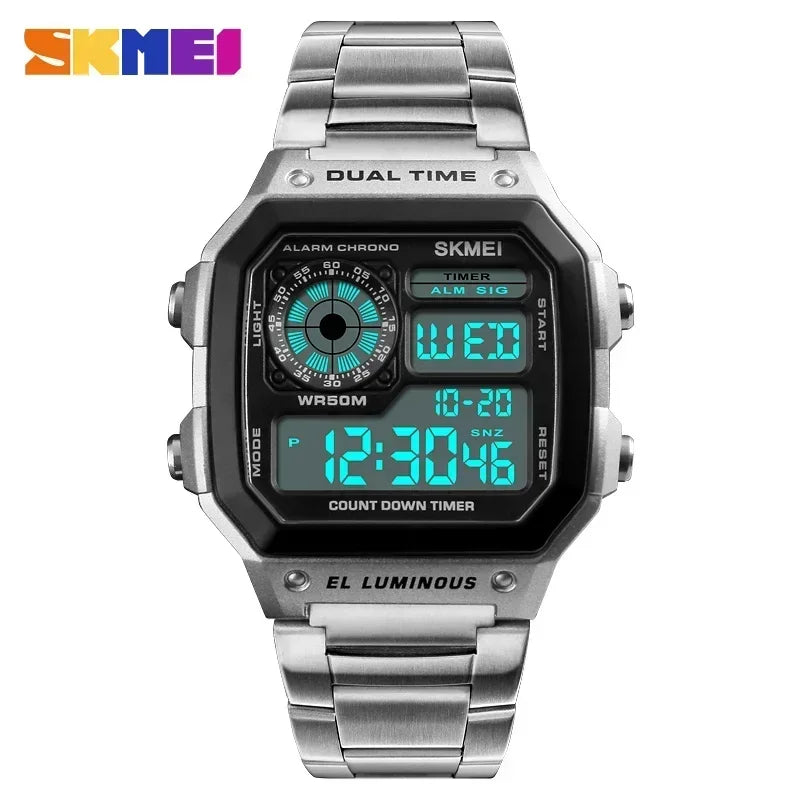 Digital Sport Watch - Men's Waterproof Stainless Steel Band Retro Chronograph Wristwatch
