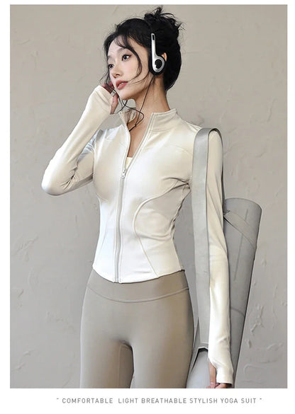 Women Sports Jacket - Long Sleeve Zip Fitness Shirt With Turn-Down Collar