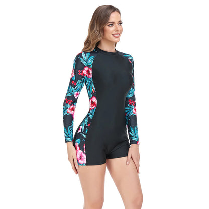 Nadanbao Swimsuits One-Piece Women Swimwear Long Sleeve Fashion Floral Printing Bodysuit Summer Beach Party Surfing Beachwear
