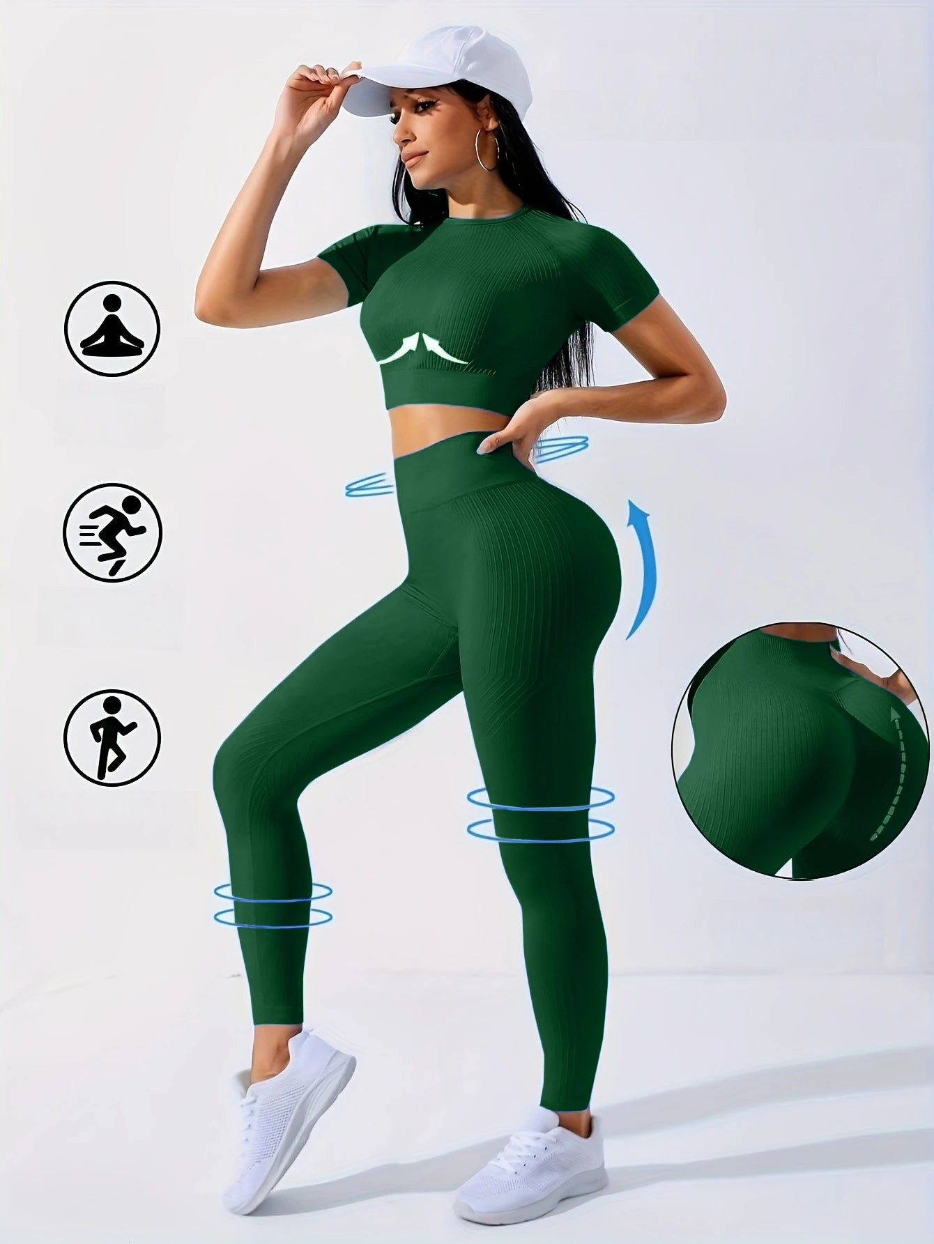 Workout Sets Outfits for Women – Yoga Leggings with Short Sleeve Crop Top, Slim Fit Tummy Control Butt Lifting Waist Shaping, Seamless Ribbed Texture, Breathable Soft Fabric, Non-Pilling, Perfect for Fall Winter Gym Yoga Ru