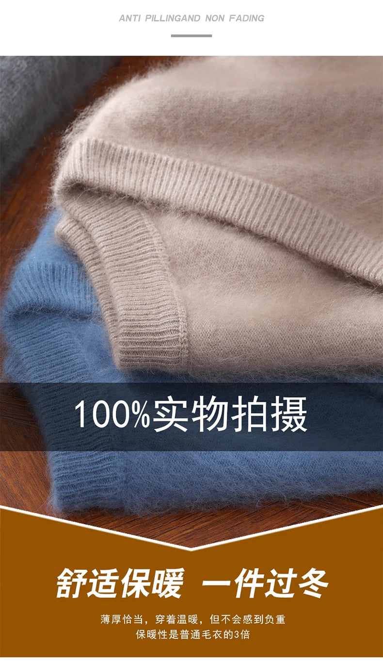 Men's 100% Pure Mink Cashmere Sweater V-neck Pullover Knit Bottoming Shirt Autumn And Winter New Long-Sleeve High-End Mink Tops