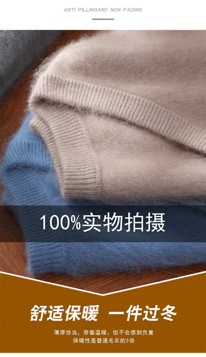 Men's 100% Pure Mink Cashmere Sweater V-neck Pullover Knit Bottoming Shirt Autumn And Winter New Long-Sleeve High-End Mink Tops
