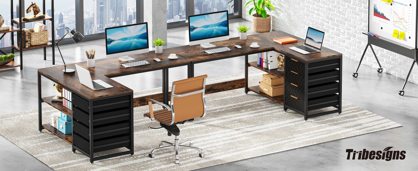 L Shaped Computer Desk - Reversible Corner Office Desk with Drawers & Shelves