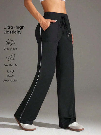High Waist Straight Leg Casual Wide Leg Pants Side Stripe Sports Loose Slimming Yoga Trousers European Style