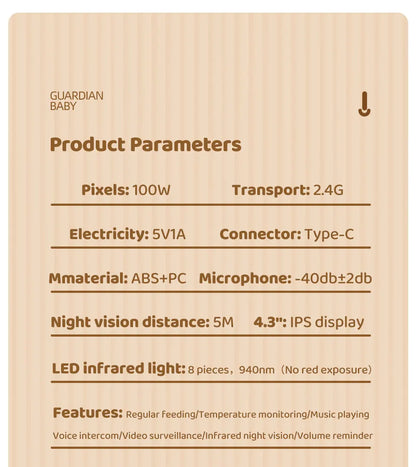 Danmini Intelligent Baby Monitor 4.3-inch IPS Color Screen Display PZT Control Night Vision Indoor Security Surveillance Camera