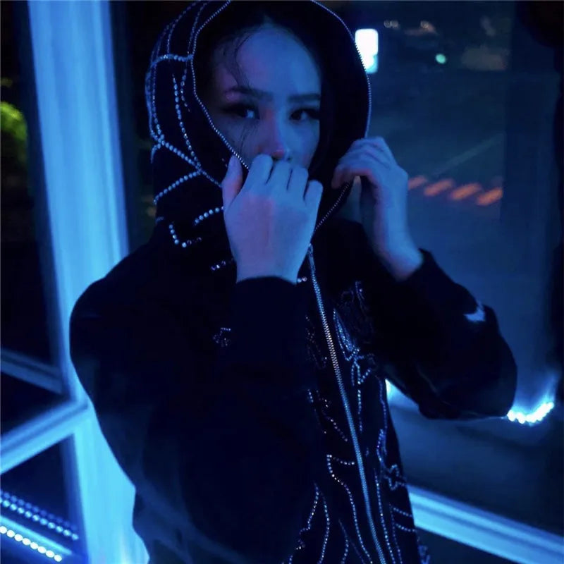 Y2K Rhinestone Cobweb Zip Up Oversized Sweatshirt 2022 Autumn Goth Hoodie Men Women Grunge Hooded Jacket Streetwear Y2K Clothing