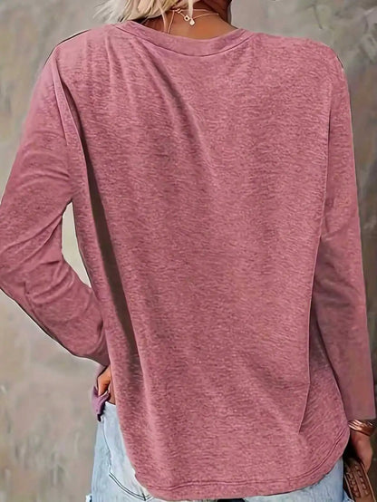 Women's Long-Sleeved Loose Round-Neck Top Elegant Solid Color Polyester Knitted T-Shirt Autumn and Winter Fashion Heart Pattern