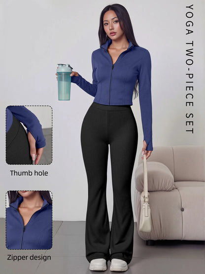 European American Women Ribbed Knit Two Piece Set, Long Sleeve Zip Top With High Waist Flare Pants, Casual Slim Daily Outfit