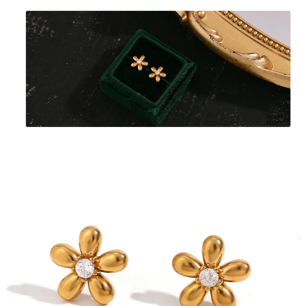 Mini Zircon Flower Crown Stud Earrings – 18K Gold-Plated Steel