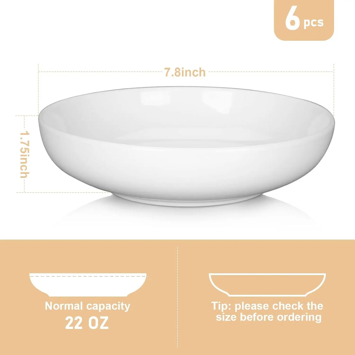 Porcelain Pasta Bowls Set - 22 Ounce Ceramic Serving Bowls 6 Pack Dishwasher Safe