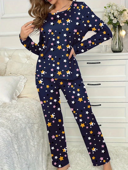 2-Piece Standard Size Women's Autumn and Winter Pajamas, Comfortable, Casual, Elegant and Cute Star Print Long-Sleeved