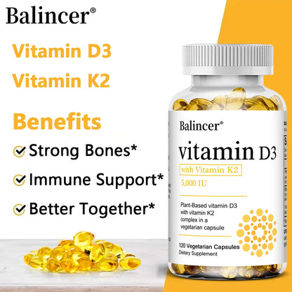 High Potency Vitamin D3 5,000 IU - 120 Vegetarian Capsules - Gluten Free Non-GMO Vitamin K2 + D3 Supplement
