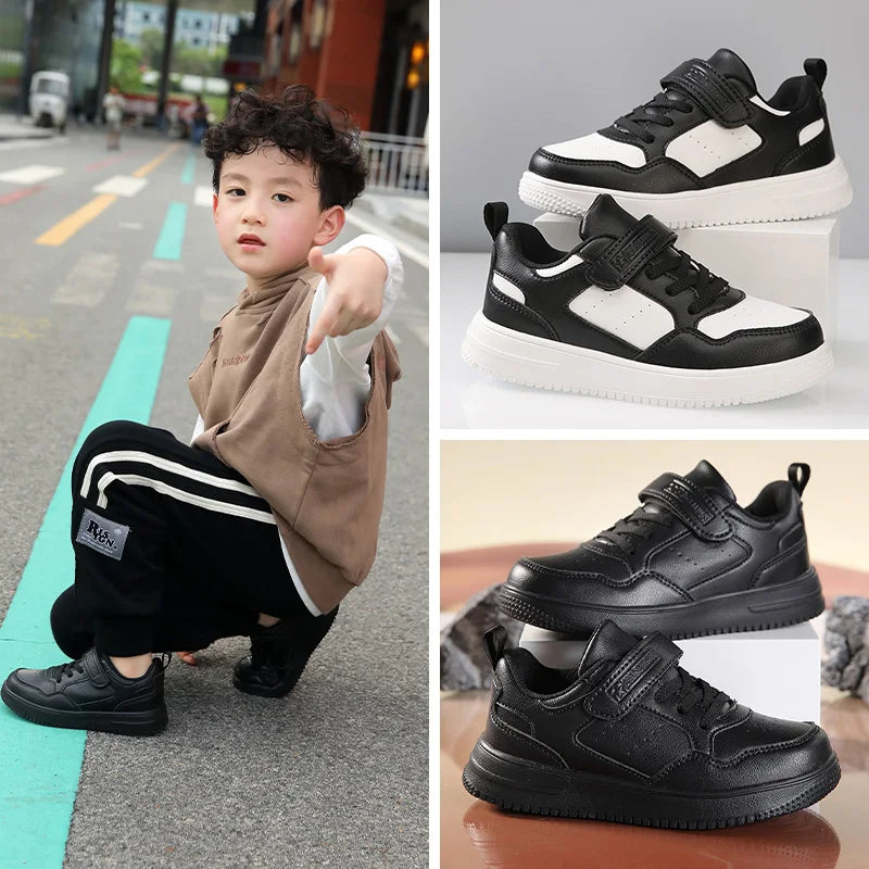 Boys Shoes Sneakers Leather Children Comfortable Flat Shoes Black White Shoes for Kids Girls School Walking Footwear Non Slip