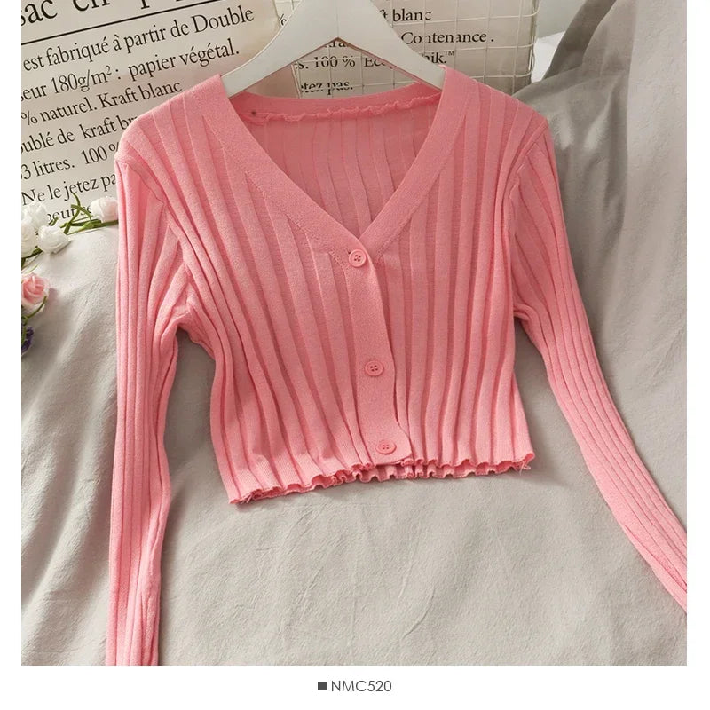 Women's Acrylic Long Sleeve V-Neck Button-Down Slim Cropped Ribbed Knit Cardigan Thin Solid Stretch Crop Top Knitwear