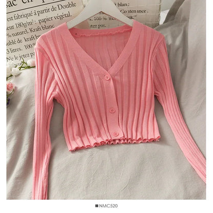 Women's Acrylic Long Sleeve V-Neck Button-Down Slim Cropped Ribbed Knit Cardigan Thin Solid Stretch Crop Top Knitwear