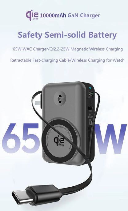 Solid-state Battery Qi2.2 25W Magnetic Wireless Power Bank PD65W Fast Charger for iPhone 17 iWatch Laptop Powerbank with AC Plug