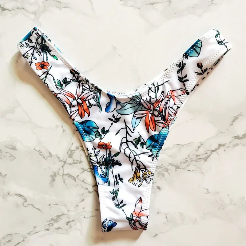 Sexy Flower Print Swimwear Women Briefs V Shape Bikini Bottom Brazilian Thong Swimsuit Classic Cut Bottoms Biquini Swim Short