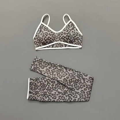 2 Pcs Fitness Sets Women Leopard Print Contrast Edge Removable Pad Bra Breathable Squat Proof Pants Suit Sports Workout Set