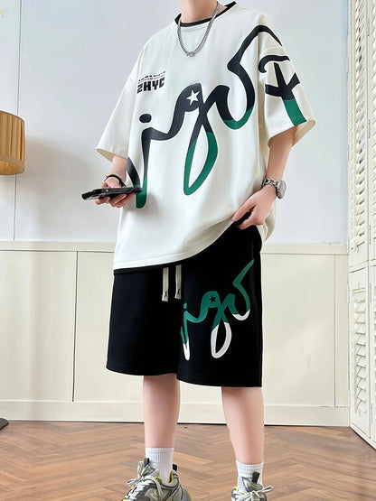 2025 Summer Men's Set, Korean fashion two-piece sportswear for men, trendy men's clothing, jogging set, T-shirt + shorts set, po
