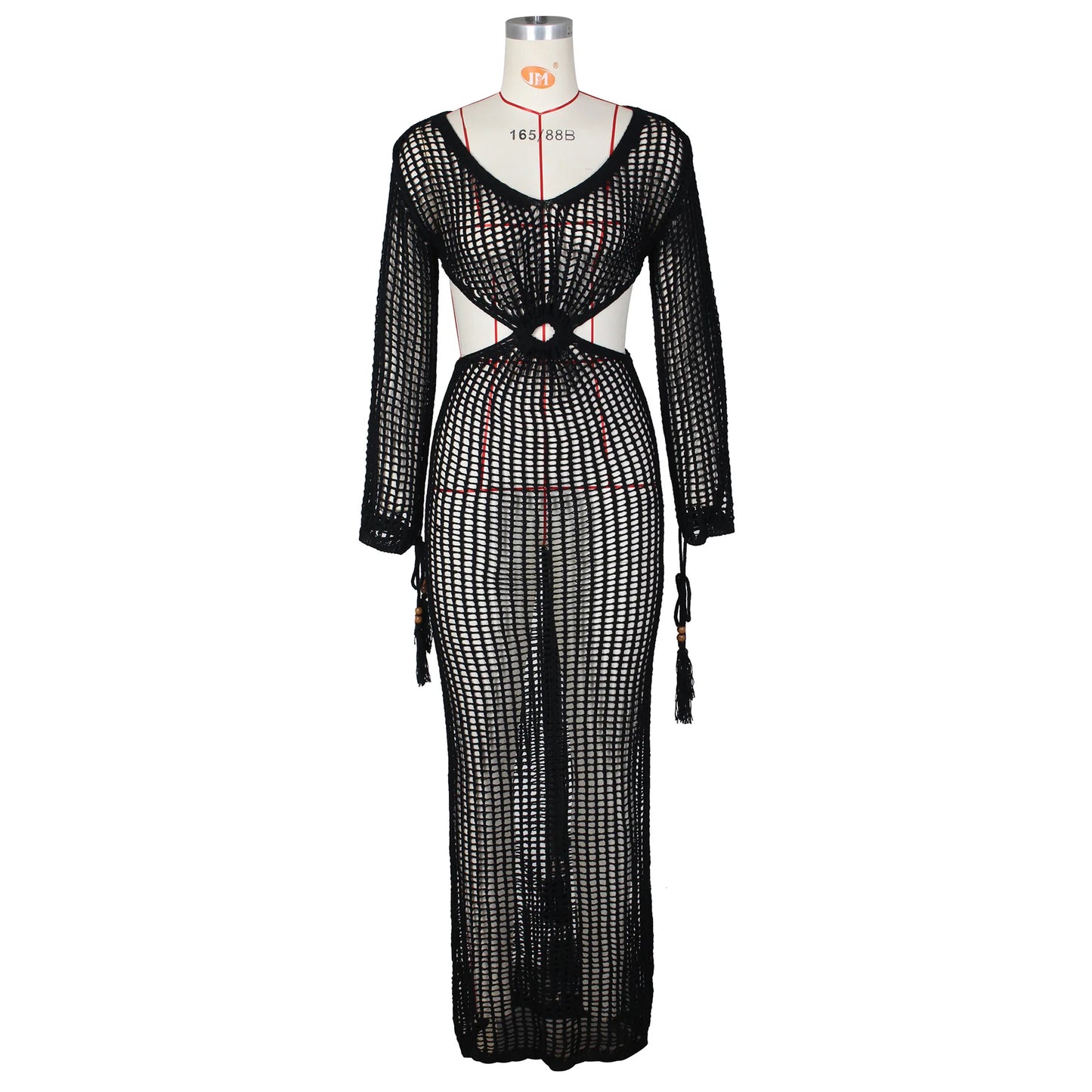 DEKA Women Knitted Backless Cover Up Swimsuit Long-sleeved Crochet Hollow Out Dress Summer Beach Vacation Outfit Beach Dress