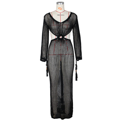 DEKA Women Knitted Backless Cover Up Swimsuit Long-sleeved Crochet Hollow Out Dress Summer Beach Vacation Outfit Beach Dress