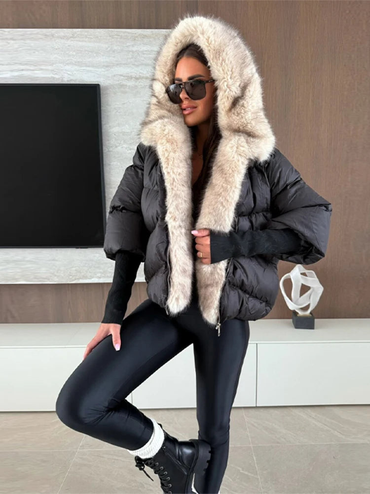 Women's Hooded Jacket - Quilted Cotton Winter Coat With Faux Fur Collar & Knitted Cuffs