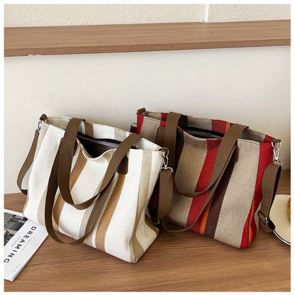 Striped Canvas Tote - Women's Crossbody Shoulder Bag With Zipper Closure, Versatile Daily Use