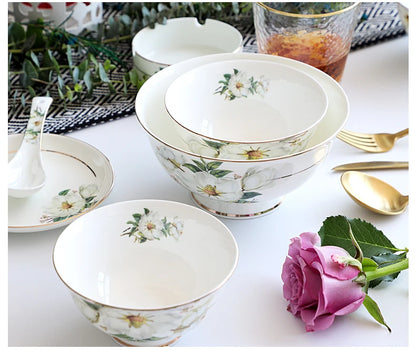 Bone China Dinnerware Set - Floral Ceramic Plates Bowls  Soup Pots
