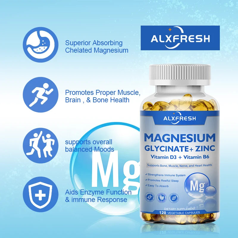 Magnesium Glycinate 500mg Capsules High Absorption with Zinc,Vitamin D3 B6 Support Dietery Supplement Stress & Anxiety Relief