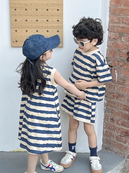 1pcs Summer Chldren Boy Stripe Short Sleeve Tops+Shorts Set Girl Sleeveless Vest Skirt Kids Toddler Fashion Leisure Clothes Set