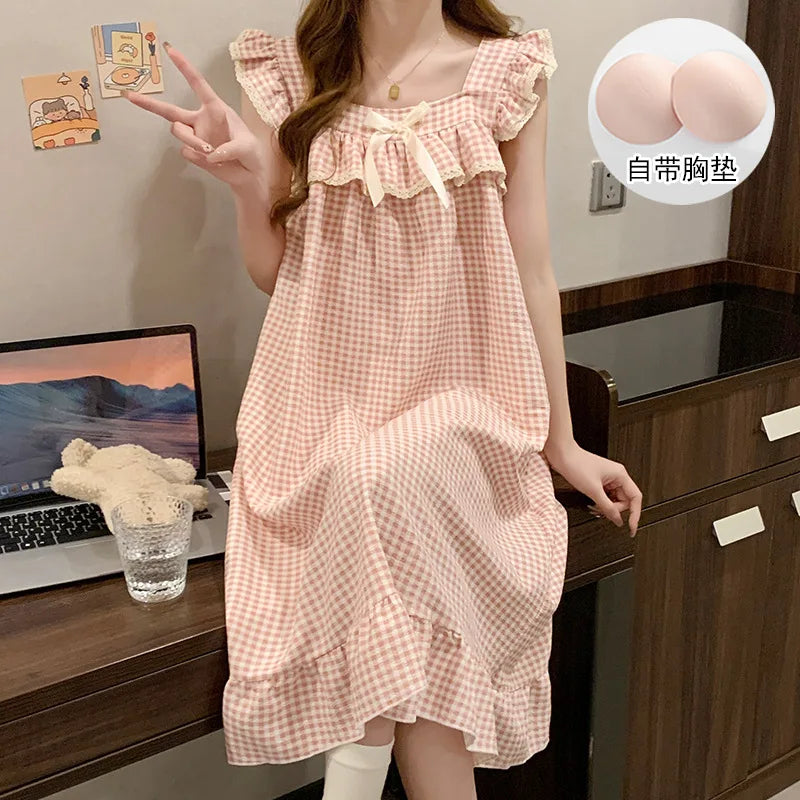 Women Korean Sweet Plaid Bow Design Nightgown with Straps Sleep Dress Cute Summer New Loungewear Y2K Nightgown with Built-in Bra
