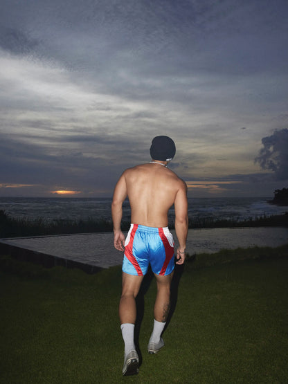 Mauroicardi Spring Summer Color Block Patchwork Satin Shorts for Men High Waist Luxury American Retro Pants Menswear Clothing