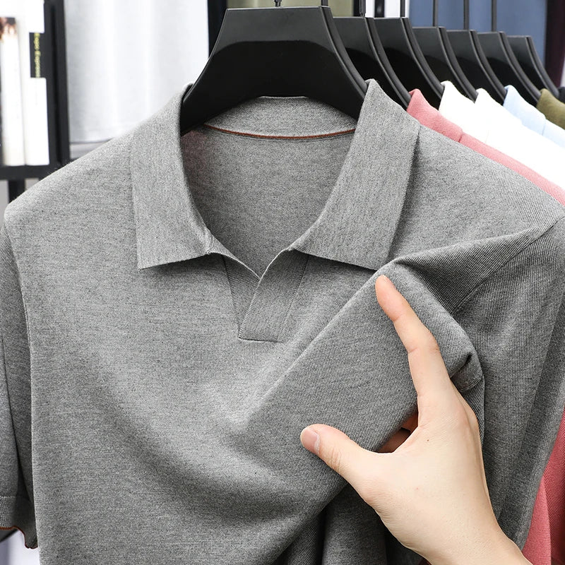 100%  Lyocell Knitwear 2025 Men Spring Summer Trendy Turn Down Collar Knit Tees Short Sleeve Breathable Knit Tops