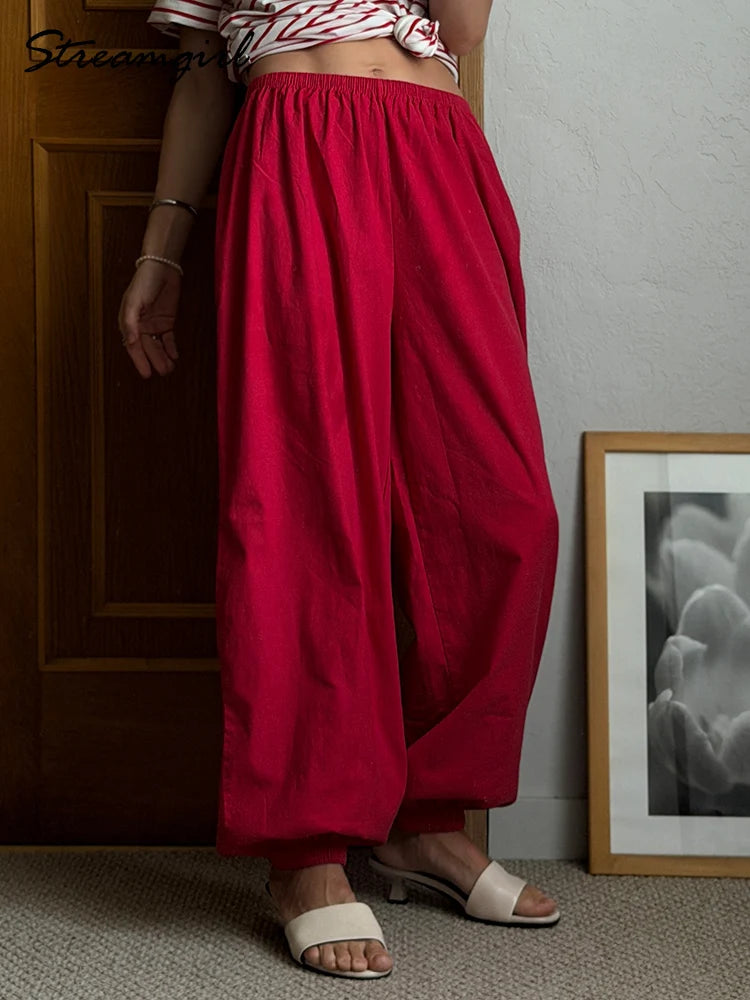 Wide Leg Red Pants For Women Cotton Long Bloomers White Autumn Elastic Waist Lantern Trousers Women Straight Practice Pants Lady